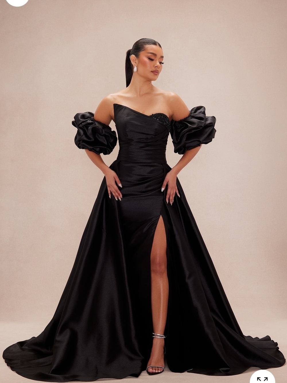 Fashion Nova Black Off-Shoulder Satin Prom Gown with Puff Sleeves